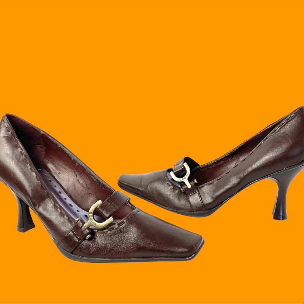 VINTAGE SQUARE TOE BUCKLE WRAP WITH STITCH LINING DETAIL 3INCH BROWN HEEL🤎[80]